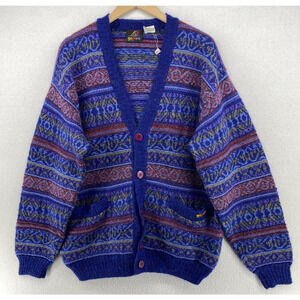 GENOA DESIGN Cardigan Mens L Wool Mohair Nordic Grandpa Button Front Blue
